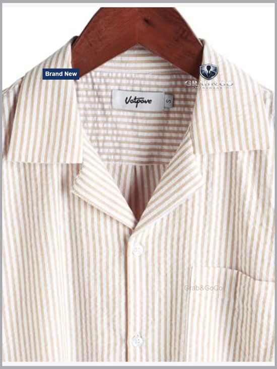 Men's Striped Cotton Button Down Short Sleeve Shirt Casual Summer Beach - Picture 2 of 7